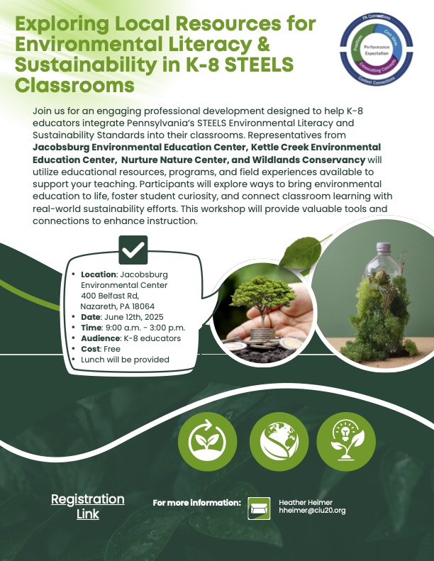 🌿 Exciting PD opportunities! Jacobsburg EE Center &amp; <a href="/ColonialIU20/">Colonial Intermediate Unit 20</a> are teaming up for 2 FREE workshops on PA’s Environmental Literacy STEEL Standards! 🌎

🗓 June 12 @ Jacobsburg
🗓 June 16 @ CIU 20 
✅ Act 48 | 🍽 Lunch | 🌞 Outdoor Learning

Register: bit.ly/4k0Sh18