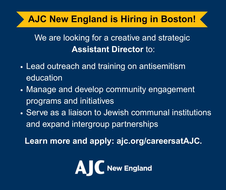 AJC New England is #hiring an Assistant Director! Passionate about antisemitism education and community engagement? Learn more and apply here: ajc.org/assistant-dire… #jewishjobs