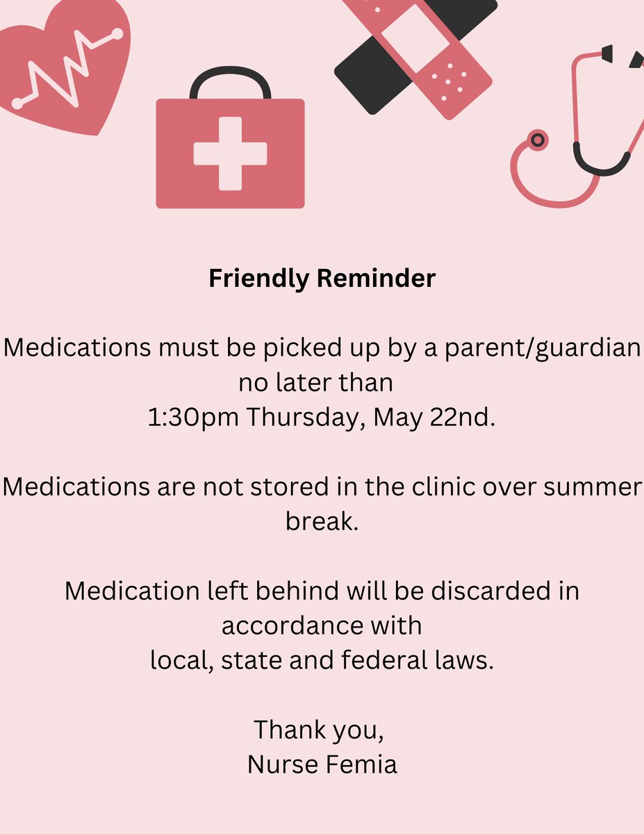 👩‍⚕️Please make sure to pick up any medications left in the clinic at PGMS before Thursday, May 22nd at 1:30pm.  Thank you so much!