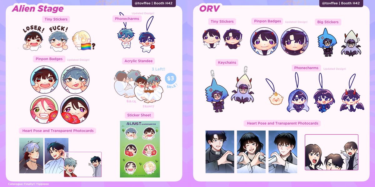 Tovffee's tweet photo. Catalogue for Doujima 10-11 May!!

🇮🇩Booth H42 (Warung Weebs)
📍Suntec Convention Hall 403-405

Presenting: originals, nijisanji chronoir, noctyx, alien stage, orv, and more below!

Please zoom in to see my catalogue details 🙇‍♀️

[💖&amp;🔄 Appreciated]

(1/2) #doujimasg #doujima2025 https://t.co/aluNe00Q4x