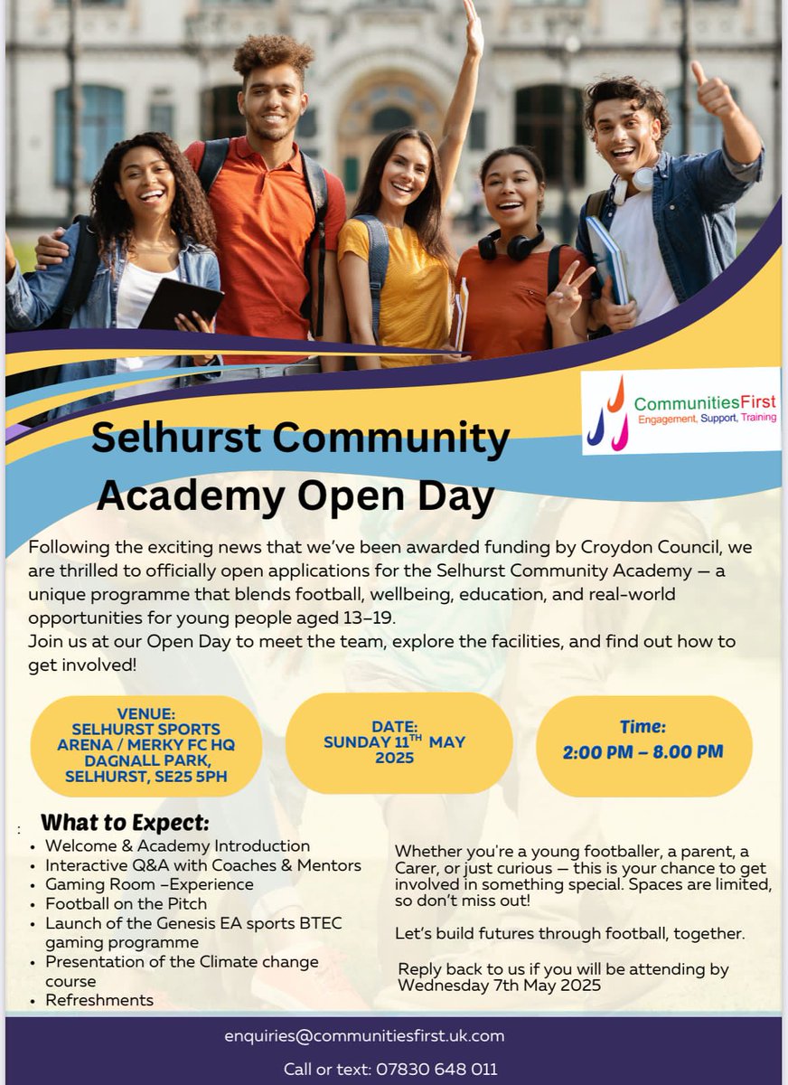Excited by the news that we've been awarded funding by Croydon Council, we’re thrilled to officially open applications for the Selhurst Community Academy - a unique programme that blends football, wellbeing, education, &amp; real-world opportunities for young people aged 13-19.