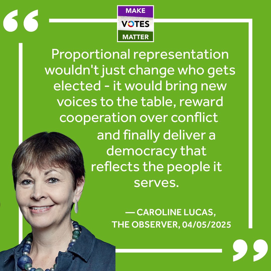 Make Votes Matter (@makevotesmatter) on Twitter photo Proportional Representation is about fairness and making sure that who gets elected really reflects what people want.
But it's also about more than that: creating a new kind of political culture where diverse voices can be heard and work together.
Well put, <a href="/CarolineLucas/">Caroline Lucas</a>. Proportional Representation is about fairness and making sure that who gets elected really reflects what people want.
But it's also about more than that: creating a new kind of political culture where diverse voices can be heard and work together.
Well put, <a href="/CarolineLucas/">Caroline Lucas</a>.