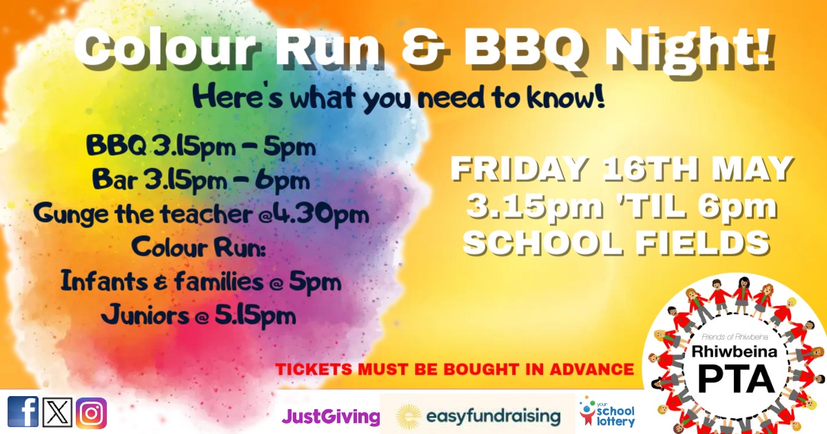 ❤🧡💛💚💙💜
Today is the LAST day to get colour run tickets.
Link closes at 6pm
Don't delay, sign up today!!

pta-events.com/rhiwbeinapta/i…