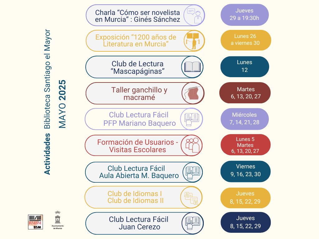 Biblioteca S. Mayor (@bibsmayor) on Twitter photo Aquí tenéis las actividades para el mes de mayo.
<a href="/RMBM17/">RMBM</a>
<a href="/AytoMurcia/">Ayuntamiento de Murcia</a>
<a href="/AAVVsantiagoel1/">AAVVsantiagoelmayor</a>
<a href="/AVRondaSurMurci/">AV Ronda Sur Murcia</a>
<a href="/nav_pio/">Asociación de Vecin@s SanPioX</a>
<a href="/PATINOPEDANIA/">PATIÑO</a>
<a href="/SantiagoMayorJM/">Junta Municipal Santiago el mayor</a> #literaturamurciana #clubesdelectura #lecturafacil Aquí tenéis las actividades para el mes de mayo.
<a href="/RMBM17/">RMBM</a>
<a href="/AytoMurcia/">Ayuntamiento de Murcia</a>
<a href="/AAVVsantiagoel1/">AAVVsantiagoelmayor</a>
<a href="/AVRondaSurMurci/">AV Ronda Sur Murcia</a>
<a href="/nav_pio/">Asociación de Vecin@s SanPioX</a>
<a href="/PATINOPEDANIA/">PATIÑO</a>
<a href="/SantiagoMayorJM/">Junta Municipal Santiago el mayor</a> #literaturamurciana #clubesdelectura #lecturafacil