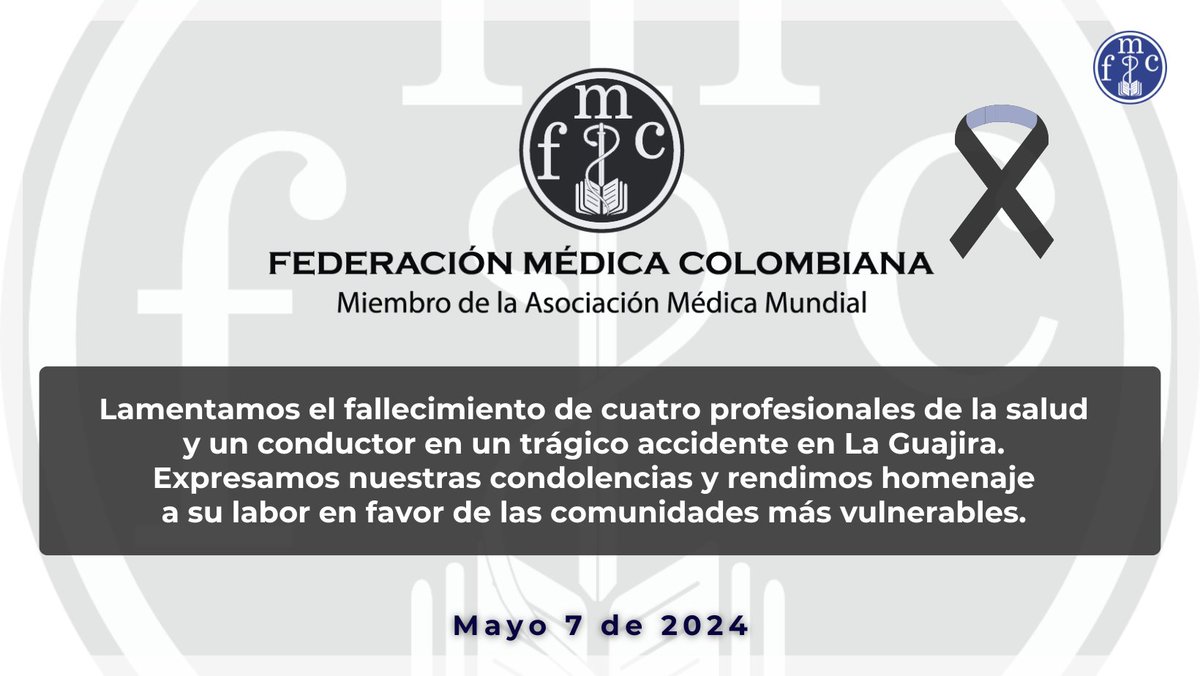 🫂 La FMC lamenta el fallecimiento de los profesionales de la salud y el conductor en accidente en La Guajira, causado por el mal estado de las vías.

Honramos su labor y expresamos nuestras más sinceras condolencias a sus familias, amigos y seres queridos,. #Salud #LaGuajira