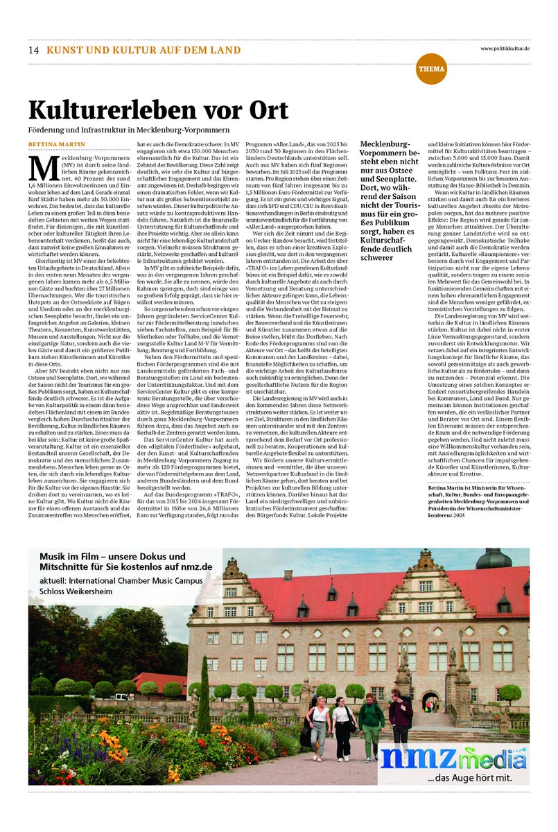 Politik & Kultur (@pukzeitung) on Twitter photo Mecklenburg-Vorpommern lebt Kultur auch abseits der touristischen Hotspots. Ministerin <a href="/BettinaMartin4/">Bettina Martin</a> verdeutlicht, warum kulturelle Ehrenämter im ländlichen Raum entscheidend für #Zusammenhalt und #Demokratie sind: politikkultur.de/schwerpunkte/r… Mecklenburg-Vorpommern lebt Kultur auch abseits der touristischen Hotspots. Ministerin <a href="/BettinaMartin4/">Bettina Martin</a> verdeutlicht, warum kulturelle Ehrenämter im ländlichen Raum entscheidend für #Zusammenhalt und #Demokratie sind: politikkultur.de/schwerpunkte/r…