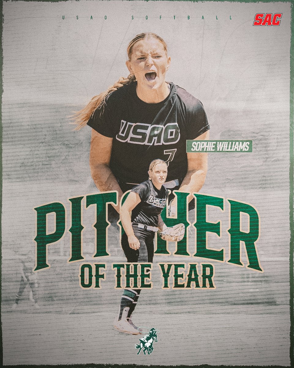 DroverAthletics's tweet image. Sophie Williams completes the 3⃣-peat as the 𝐒𝐀𝐂 𝐏𝐢𝐭𝐜𝐡𝐞𝐫 𝐨𝐟 𝐭𝐡𝐞 𝐘𝐞𝐚𝐫!🏆🏆🏆

A Drover has earned the award in each of the last 8⃣ seasons!

📰READ MORE⏩ usaoathletics.com/sports/sball/2…

#PitcherU x #DroverNation🏇