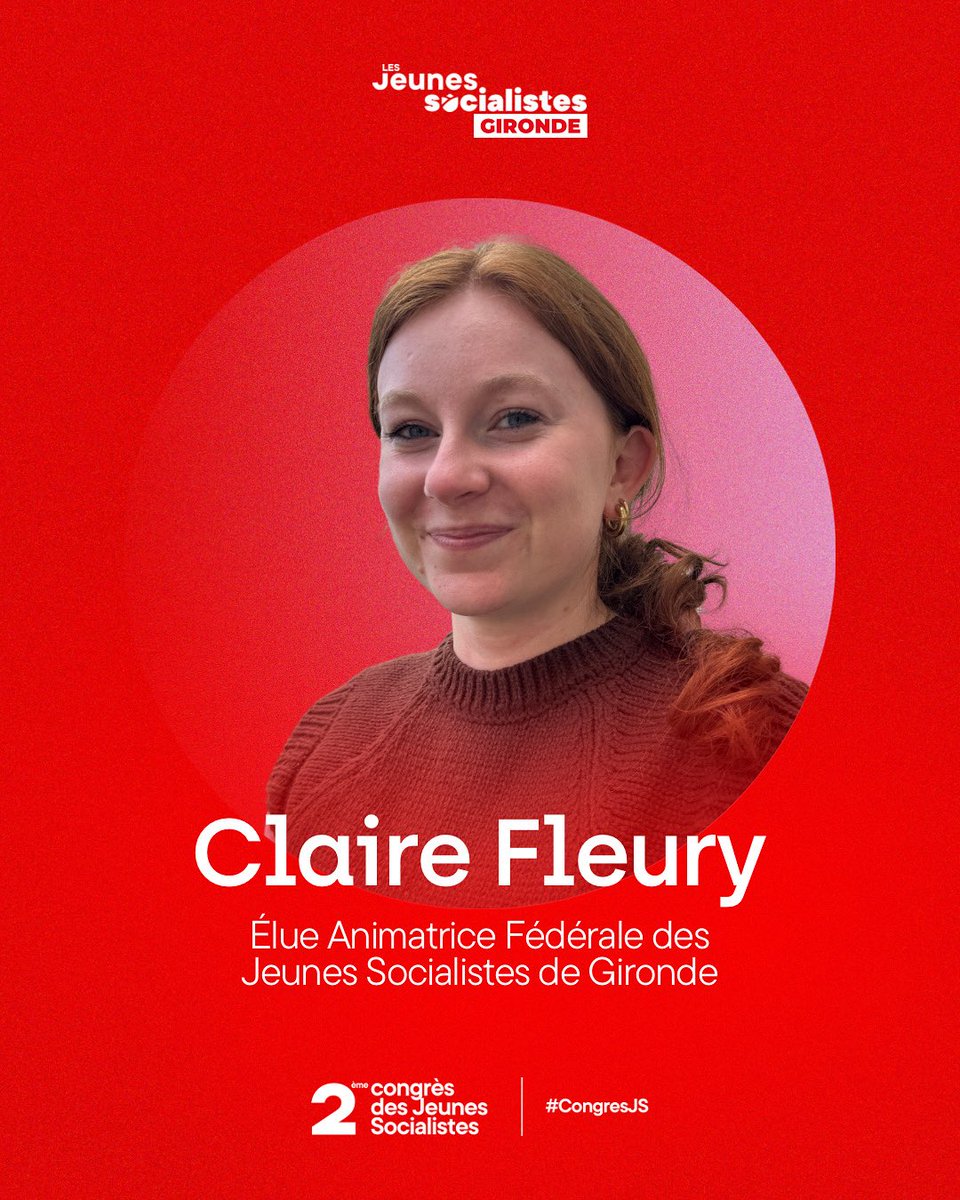 Dans le cadre du Congrès fédéral
des Jeunes Socialistes de Gironde, <a href="/Claire__Fleury/">Claire Fleury</a> a été élue, à l'unanimité, animatrice fédérale.

La Gironde continuera à mener les combats à venir et porter nos valeurs !🌹✊