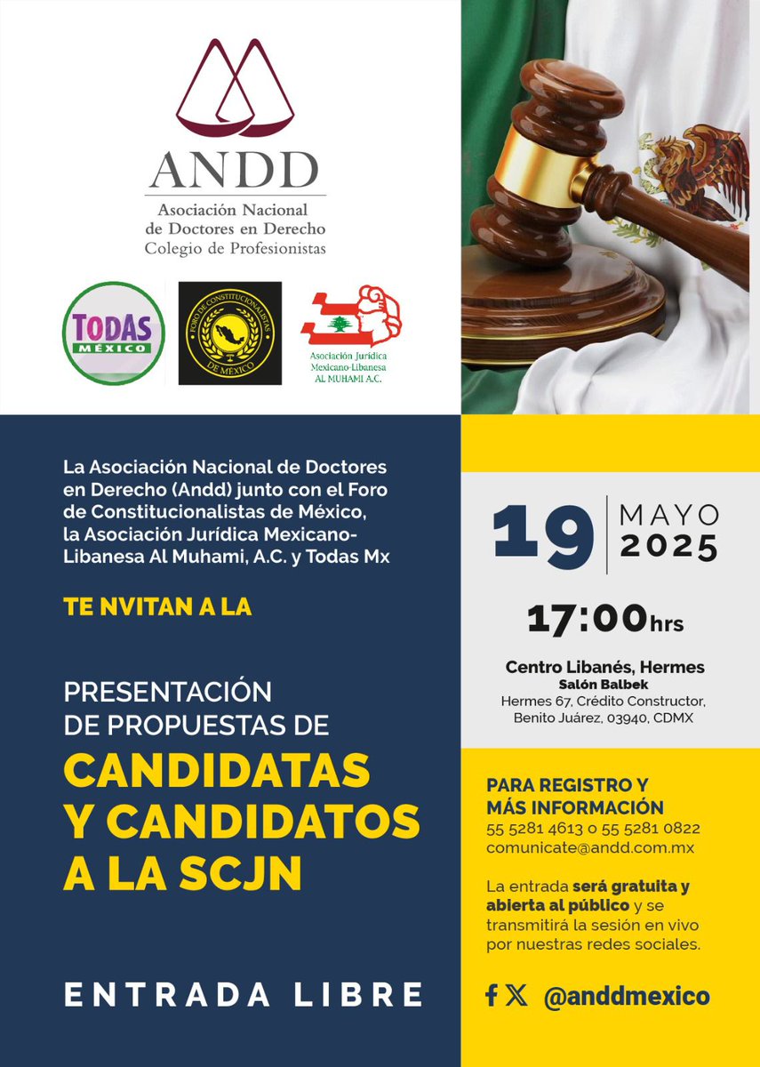 ANDD <a href="/ForoConstMex/">Foro de Constitucionalistas de México</a> <a href="/TodasMx/">Todas México</a> <a href="/Almuhamimx/">Al Muhami</a> INVITAN a:
🎙️ PRESENTACIÓN DE PROPUESTAS de candidatos y candidatas a la SCJN
📅 Lunes 19 de mayo🕕 17:00 h
 📍 Club Centro Libanés
🎥 Entrada gratuita Registra tu asistencia:forms.gle/5pmrkYetmGUTUa…
📲 En vivo por nuestras redes sociales.