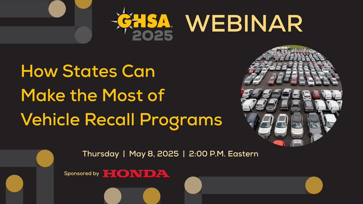 🚨 THIS THURSDAY! 🚨

More than 58 million U.S. vehicles have open recalls. Learn how states can take advantage of the federal program, free resources and other tools to help drivers get their vehicles fixed.

📝 us06web.zoom.us/webinar/regist… 

<a href="/Honda/">Honda</a> <a href="/Stellantis/">Stellantis</a> <a href="/MD_MVA/">MD_MVA</a> #GHSA2025