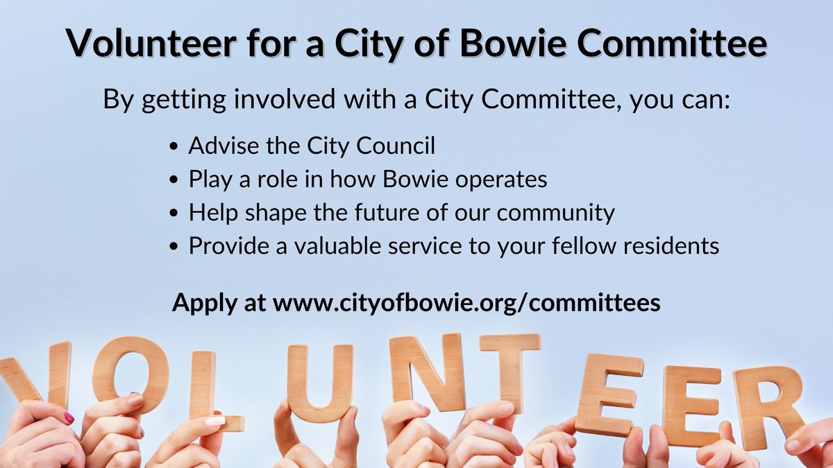 Looking to give back to your community? The City of Bowie is seeking volunteers to serve on several advisory committees. Discover how you can make a difference at cityofbowie.org/committees.