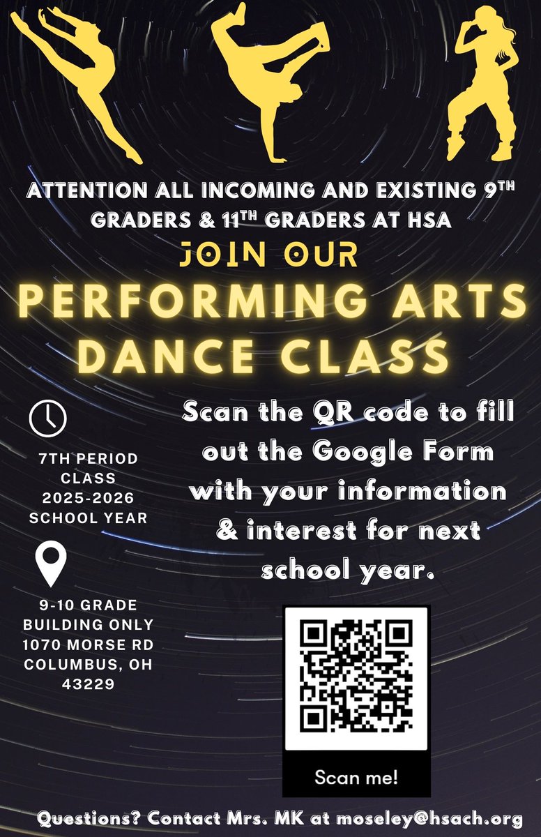 HSAColumbusMS's tweet photo. Graduating 8th graders interested in Performing Arts; Scan the QR code and get in contact with Mrs. MK at the highschool! Fill out the breif survey to get ready for the upcoming schoolyear! 
#LetsDance! https://t.co/ZfSh91oEKI