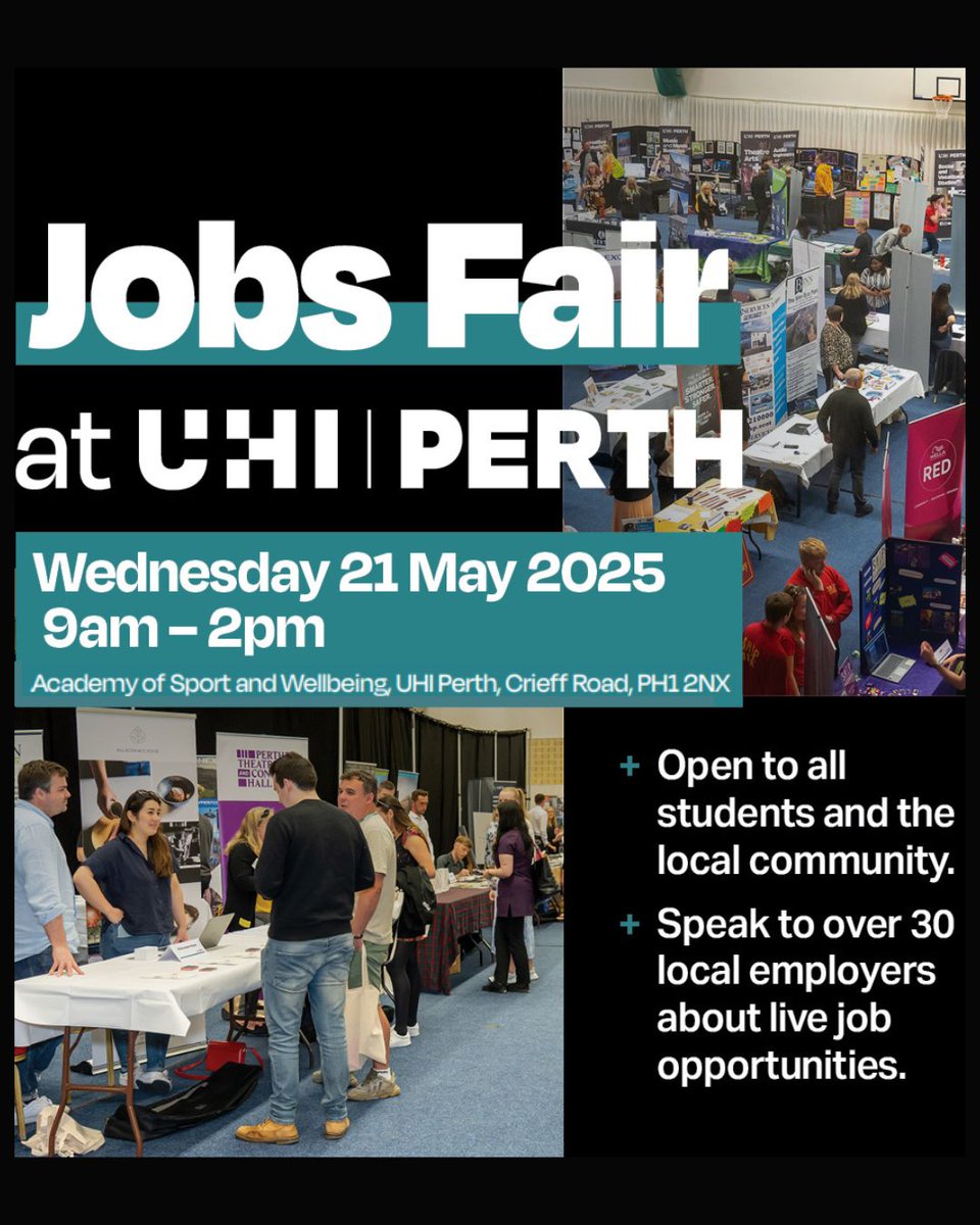 📢 UHI Perth Jobs fair

📍  Academy of Sport &amp; Wellbeing, UHI Perth, Crieff Road, PH1 2NX
📆 Wed 21st May
🕛  9am-2pm

@UHI Perth  are hosting a jobs fair where students can speak with over 30 local employers about live job opportunities. 

Register here 👉zurl.co/99azM