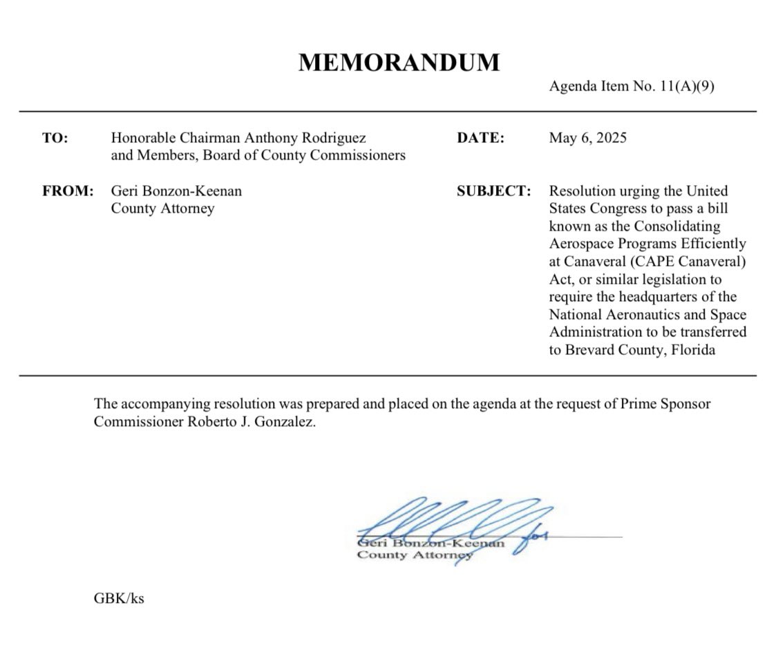 RobJGonzalezFL's tweet photo. I sponsored and my colleagues passed a resolution supporting @SenAshleyMoody , @SenRickScott , @MikeHaridopolos , urging Congress to pass the Cape Canaveral Act to bring NASA HQ to Florida, and realize the benefits of aerospace training and jobs here in Miami-Dade. https://t.co/7yEB7dIbxY