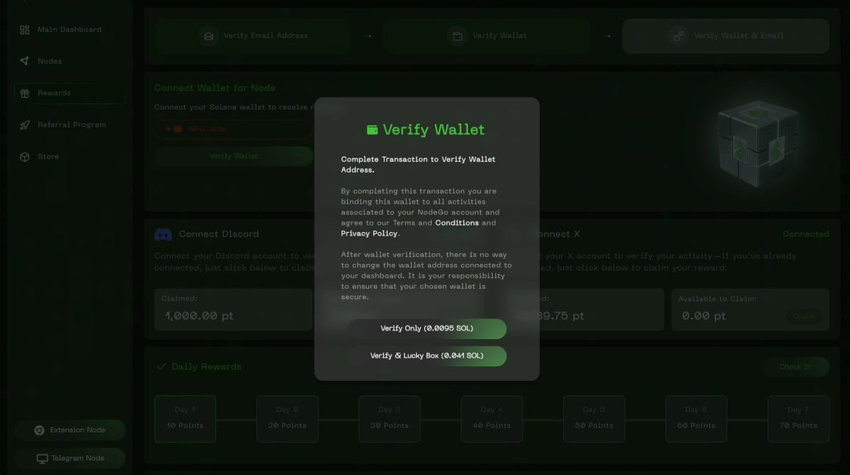 NodeGoAI's tweet image. Wallet Verification Starts May 9th, 8:00 AM UTC
Verify page: app.nodego.ai/rewards

Choose the option that suits you best:
--
Option 1: Standard Verification

Verify your wallet only

Secure your rewards and eligibility

Get 1.5 x total earned points
--

Option 2: Lucky Box…