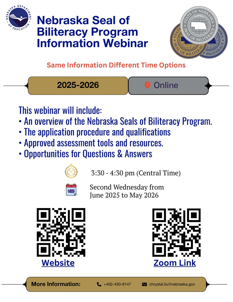Chrystal Liu (@nde_worldlang) on Twitter photo 📣 Join our monthly Nebraska Seal of Biliteracy Info Sessions (June 2025–May 2026)!
🗓️ 2nd Wed | 🕞 3:30–4:30 CT
💻 Online
✨ NEW: Platinum Level for Advanced Low proficiency!
📲 Learn more: education.ne.gov/worldlanguage/… <a href="/ESUCC/">ESUCC</a> <a href="/BiliteracySeal/">Seal of Biliteracy</a> <a href="/SenorZiegler/">Nick Ziegler</a> <a href="/NDE_News/">NDE NEWS</a> 📣 Join our monthly Nebraska Seal of Biliteracy Info Sessions (June 2025–May 2026)!
🗓️ 2nd Wed | 🕞 3:30–4:30 CT
💻 Online
✨ NEW: Platinum Level for Advanced Low proficiency!
📲 Learn more: education.ne.gov/worldlanguage/… <a href="/ESUCC/">ESUCC</a> <a href="/BiliteracySeal/">Seal of Biliteracy</a> <a href="/SenorZiegler/">Nick Ziegler</a> <a href="/NDE_News/">NDE NEWS</a>