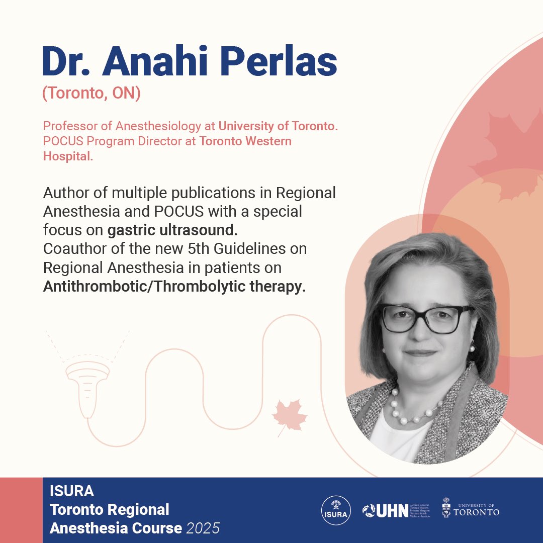 Join us at the ISURA Regional Anesthesia Course, Oct 4–5, 2025!
@perlasanahi, coauthor of the new 5th ed. ASRA antithrombotic guidelines, will be presenting on this key topic 🌟 
🔗 usra.ca/meetings/ugraw…
#ISURA2025 #RegionalAnesthesia #AnesthesiaEducation