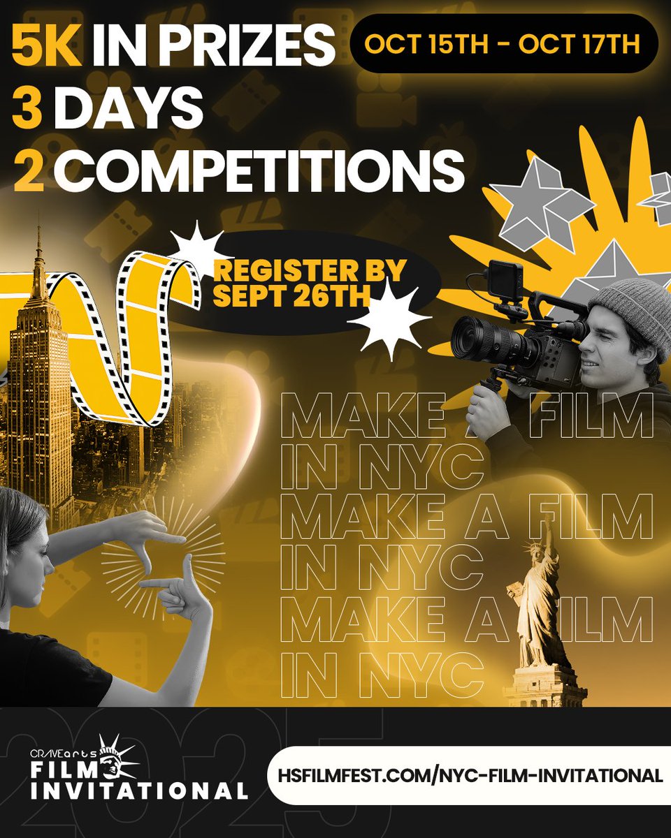 Registration is officially open for the 2025 NYC Film Invitational, happening October 15th to 17th! 🎬⁠

Think you’ve got what it takes? Sign up now: hsfilmfest.com/nyc-film-invit…