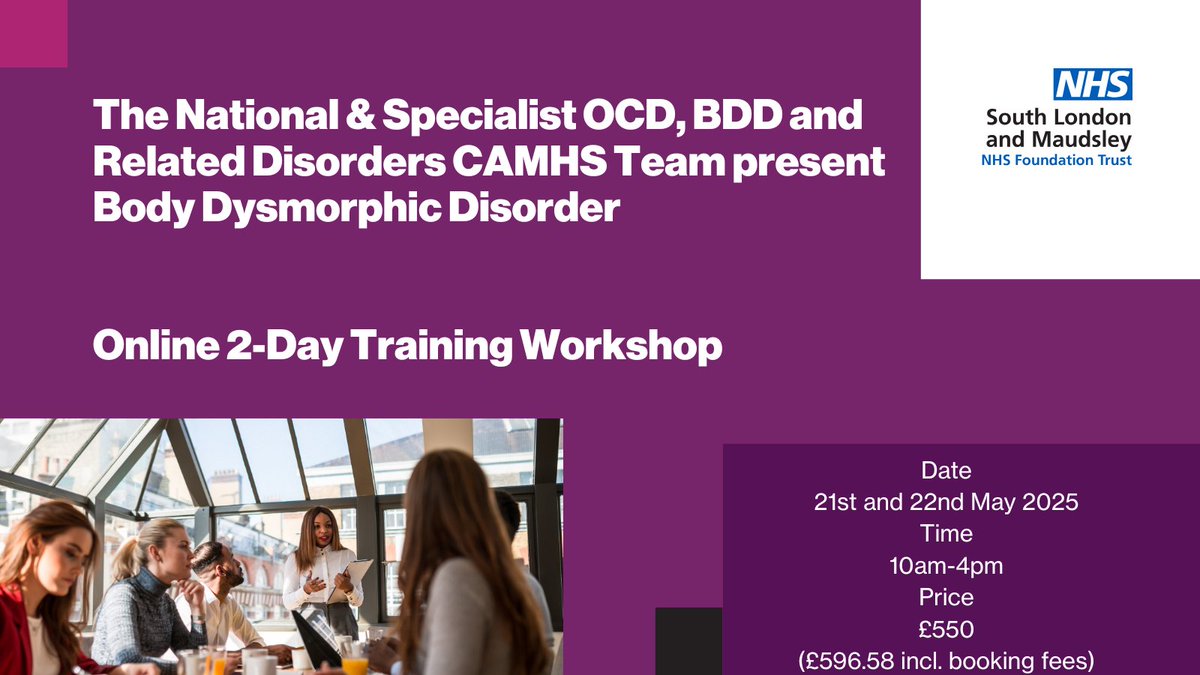 Join the National and Specialist OCD for a 2-Day Online Training on Body Dysmorphic Disorder (BDD) May 21-22, 10am-4pm. 

For qualified clinicians. Cost: £550 (£596.58 with fees) - 10% off with code BDD10! 

More info &amp; booking: ow.ly/oIql50VO2cG
