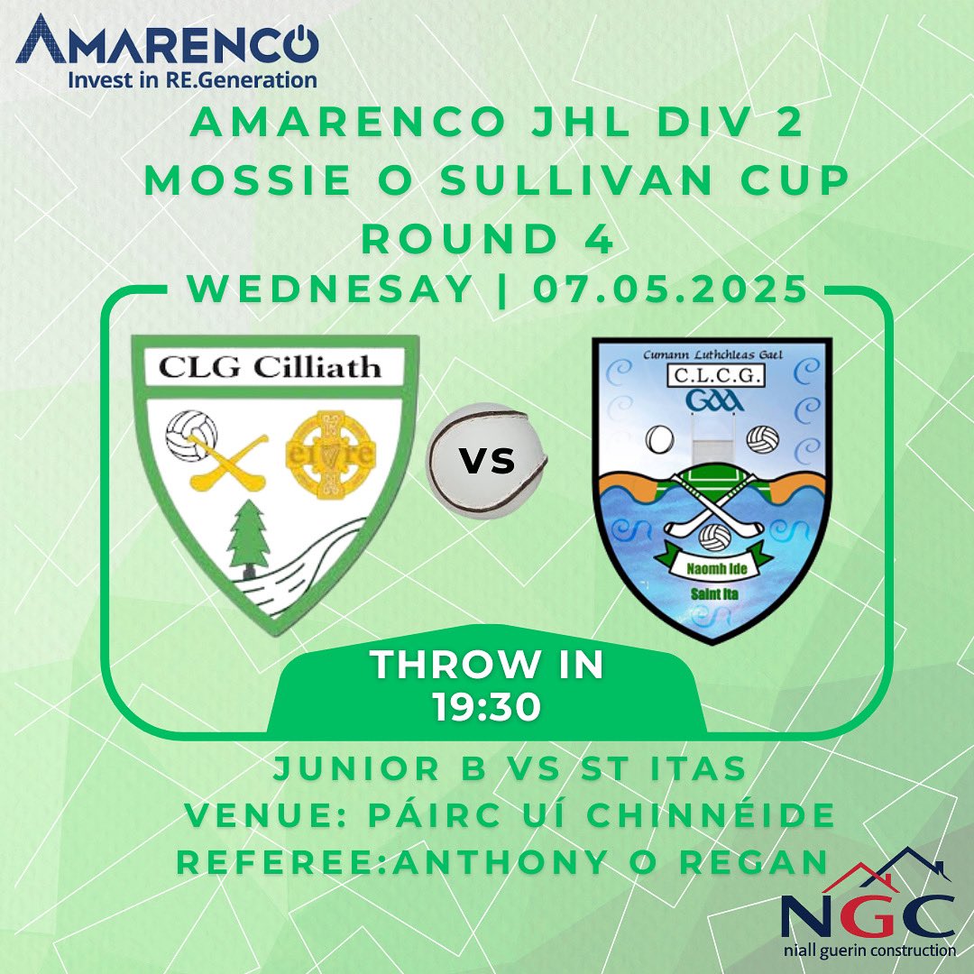 Come support our Juniors in the Local derby tonight vs <a href="/stitasgaa/">St Itas</a>. Throw in at Páirc Ui Chinnéide at 7:30. #cilliathabú 🟩⬜️