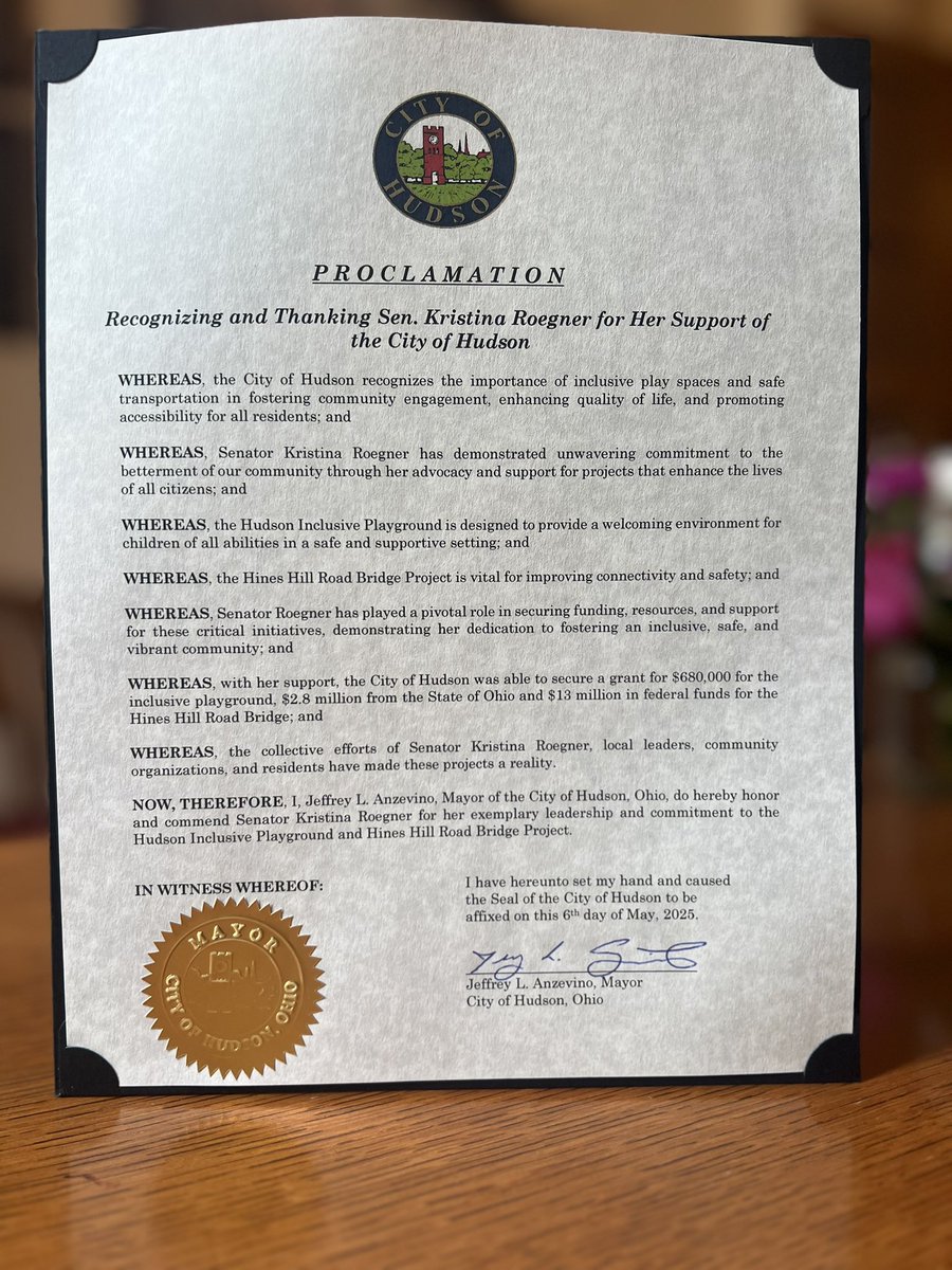 kristinaroegner's tweet image. Back to where it all started - Thank you to Mayor @JeffAnzevino and @CityofHudsonOH for this proclamation! Huge team effort. Special shout out to City manager Thomas Sheridan and Council President @chriswfoster for their steadfast leadership on these important projects !