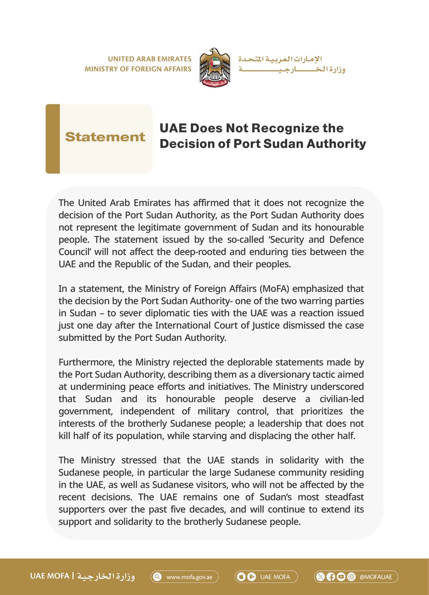 UAE Does Not Recognize the Decision of Port Sudan Authority

mofa.gov.ae/en/mediahub/ne…