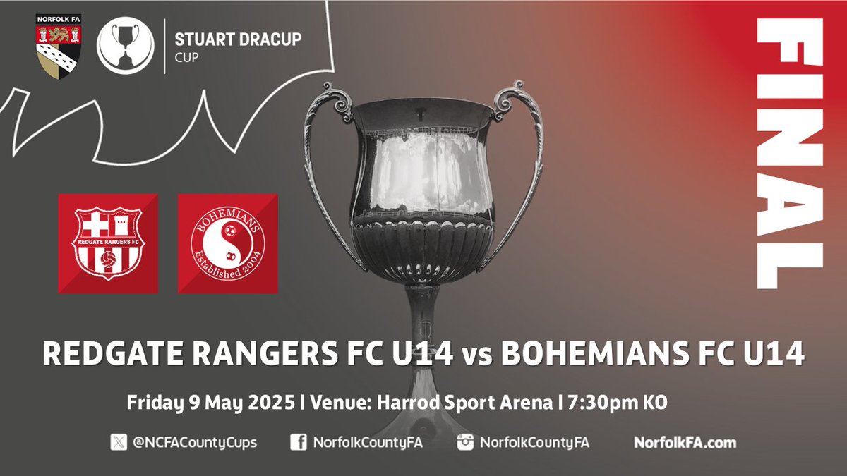 Norfolk FA County Cups (@ncfacountycups) on Twitter photo The #StuartDracup Cup Final between <a href="/RedgateRangers/">Redgate Rangers FC</a> and <a href="/Bohemians__FC/">BohemiansFC</a>, takes place at <a href="/HarrodSport/">Harrod Sport</a> Arena on Friday 9 May, 7:30pm kick off.
Read a preview π
norfolkfa.com/news/2025/may/β¦
View the programme π
thefa.com/-/media/cfa/no⦠The #StuartDracup Cup Final between <a href="/RedgateRangers/">Redgate Rangers FC</a> and <a href="/Bohemians__FC/">BohemiansFC</a>, takes place at <a href="/HarrodSport/">Harrod Sport</a> Arena on Friday 9 May, 7:30pm kick off.
Read a preview π
norfolkfa.com/news/2025/may/β¦
View the programme π
thefa.com/-/media/cfa/noβ¦