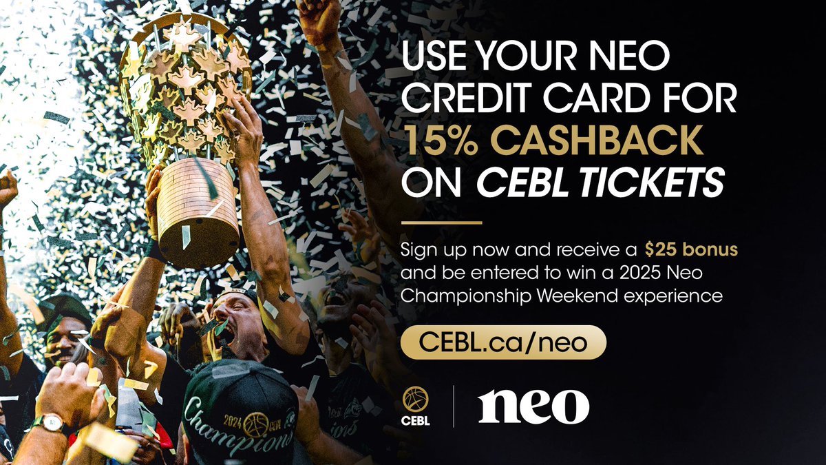 CEBL (@cebleague) on Twitter photo The <a href="/neofinancial/">Neo Financial</a> x #CEBL cashback ticket program is back 🔥
Together, Neo Financial™ and the CEBL are proud to launch the CEBL Cashback Program providing Neo cardholders with access to cashback on their CEBL ticket purchases 🎟️
💰 Receive a $25 bonus and have the chance to The <a href="/neofinancial/">Neo Financial</a> x #CEBL cashback ticket program is back 🔥
Together, Neo Financial™ and the CEBL are proud to launch the CEBL Cashback Program providing Neo cardholders with access to cashback on their CEBL ticket purchases 🎟️
💰 Receive a $25 bonus and have the chance to