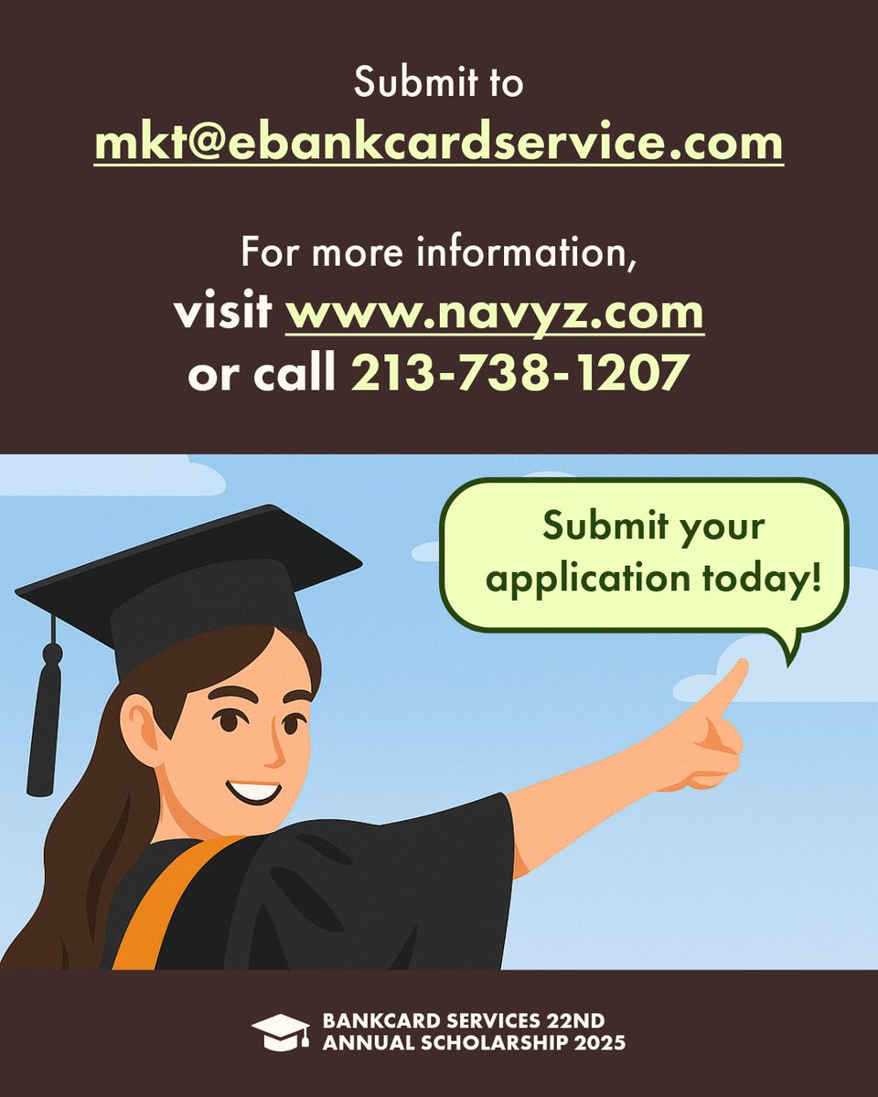 The clock is winding down but there is still time left to apply for BankCard Services' 22nd Annual Scholarship!🎓🎉

Submit your application today! Information at NAVYZ.com 📝
#NAVYZ #BankCardServices #Annual #Scholarship