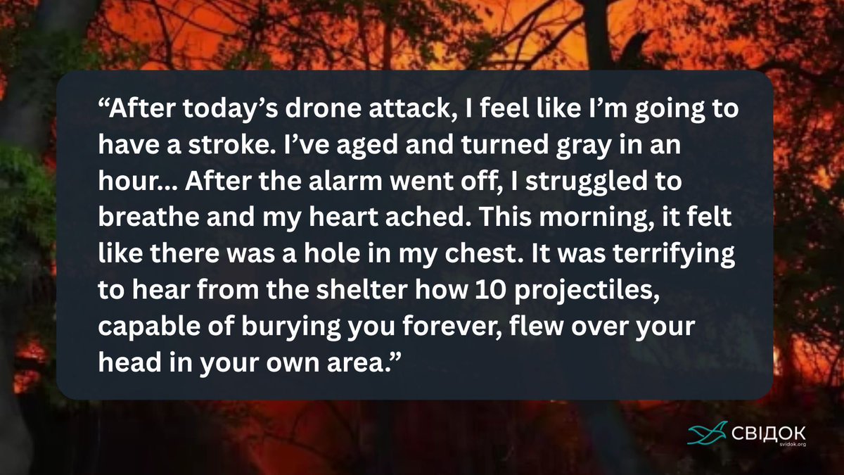 After the May 1st, 2025 drone attack on Odesa, a resident described experiencing stroke-like symptoms, struggling to breathe with chest pain. They recounted the terror of hearing 10 dangerous projectiles overhead. 
Read more: svidok.org/notes/ataka-od…