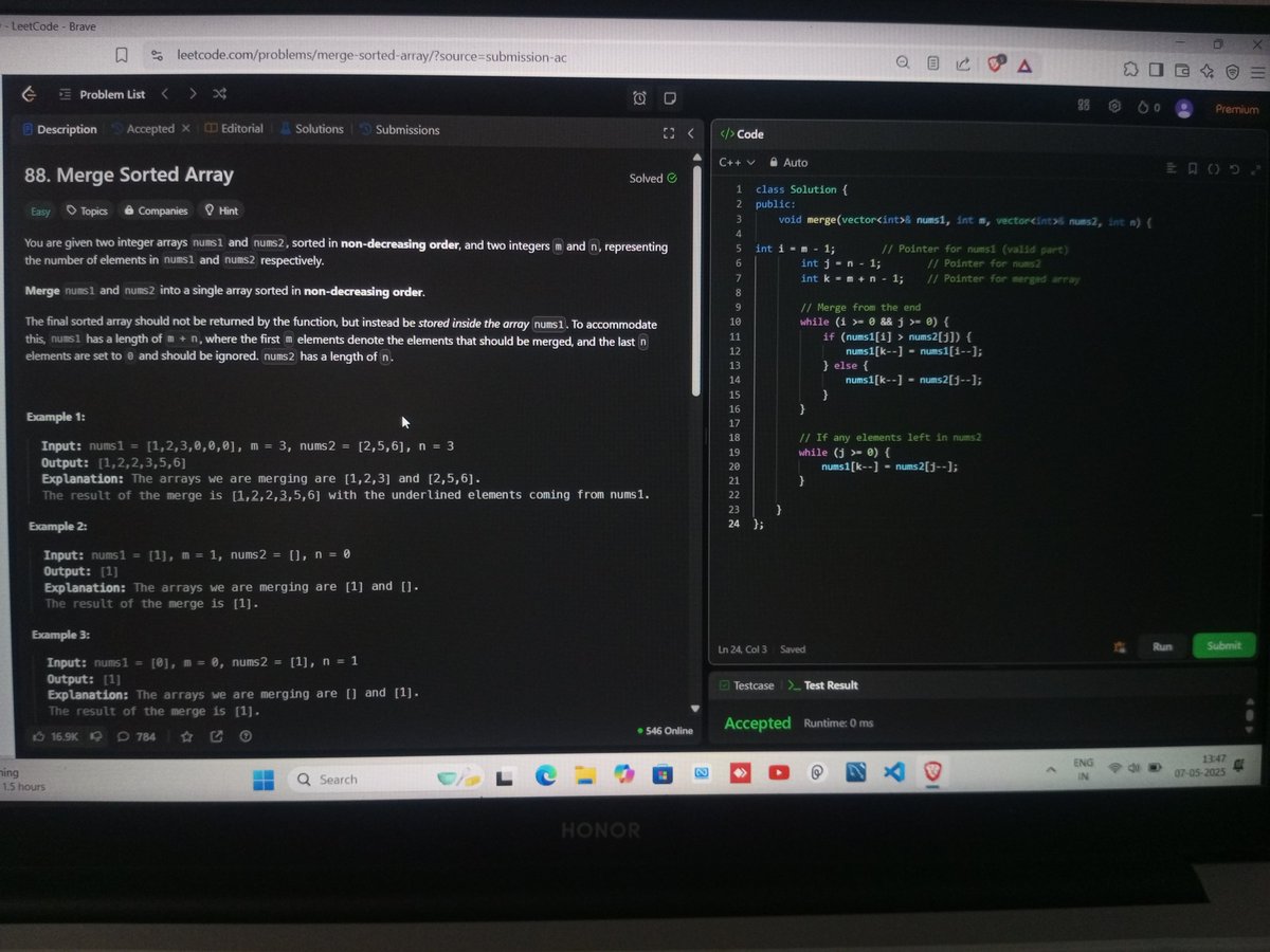 #Day_6 of #100DaysOfCode 
<a href="/LeetCode/">LeetCode</a>
✅ Merge Sorted Array 
• Merge sort is consistent with O(n log n), quick sort shines with average-case speed.