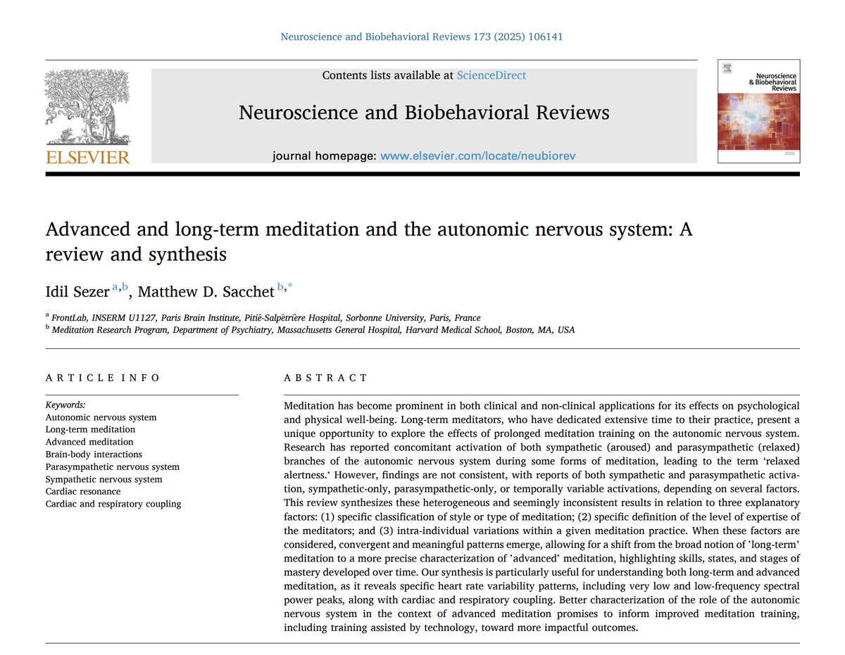 MatthewSacchet's tweet image. How does meditation affect our nervous system, especially after years of practice?
What we often label as “mindfulness stress relief” barely captures the full physiological complexity of long-term meditation practice.
In our new review in Neuroscience & Biobehavioral Reviews…