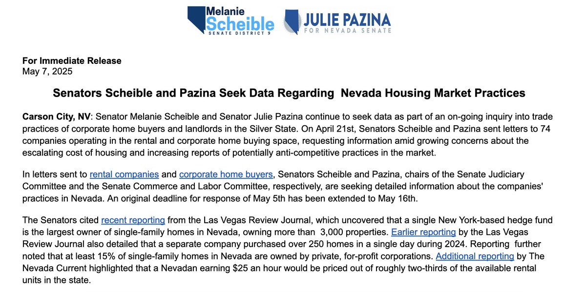 Nevada's housing costs are skyrocketing and corporate greed is a key driver. Senators Scheible &amp; Pazina are stepping up and launching an investigation into potentially unfair trade practices to protect Nevadans.