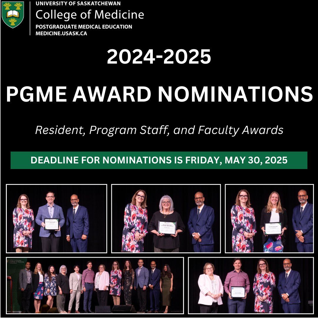 Deadline coming up! PGME Award nominations are due May 30 2025. Don’t miss the chance to recognize excellence in medical education. Check the PGME Website to submit:  medicine.usask.ca/residents/abou…