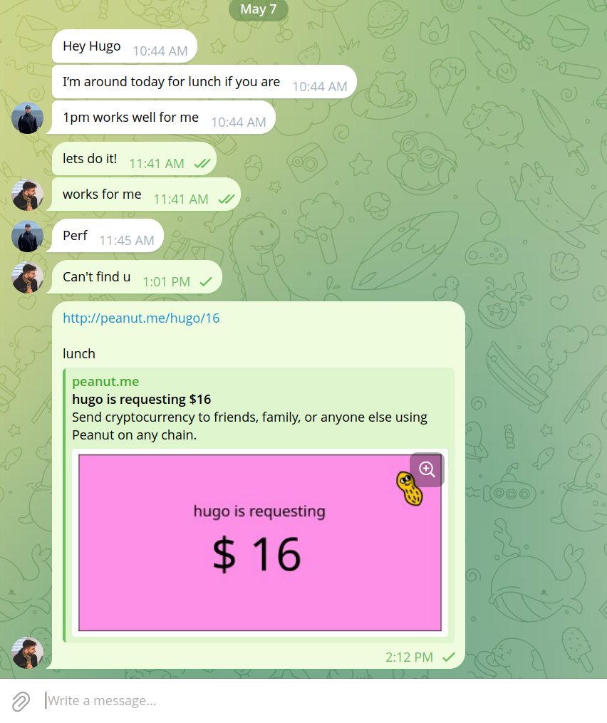 my fav feature we've built in peanut: semantic request links

I love dropping these in a chat. Just &lt;domain&gt;/hugo/16

(also works with any non-peanut ens, e.g. /john.eth/16usdc)