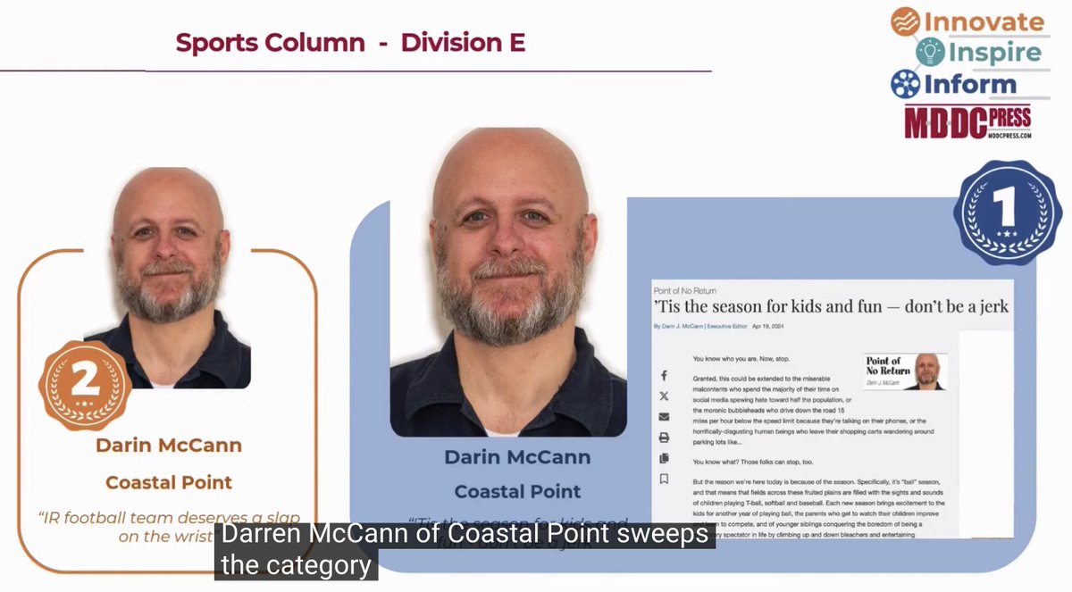 Pretty darn good day today. Swept first- and second-place for sports column in the Maryland-Delaware-DC Press Association awards.