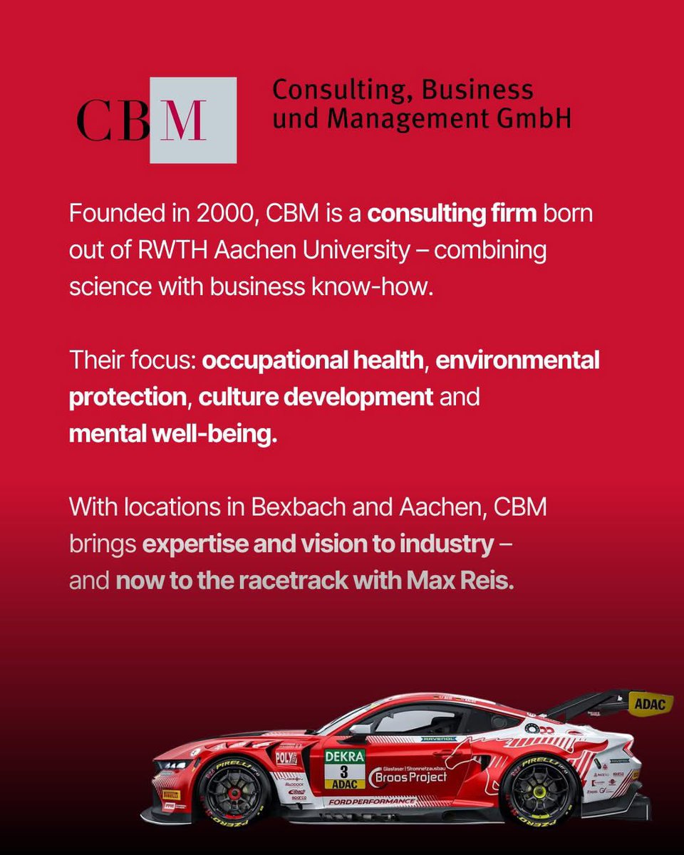 📘🤝 Partnering with CBM Consulting – bridging science &amp; business!

Proud to welcome CBM – Consulting, Business &amp; Management GmbH to my partner team for the 2025 motorsport season! 🏎️🔍

Born from a collaboration between RWTH Aachen and industry leaders. 🧪🌱