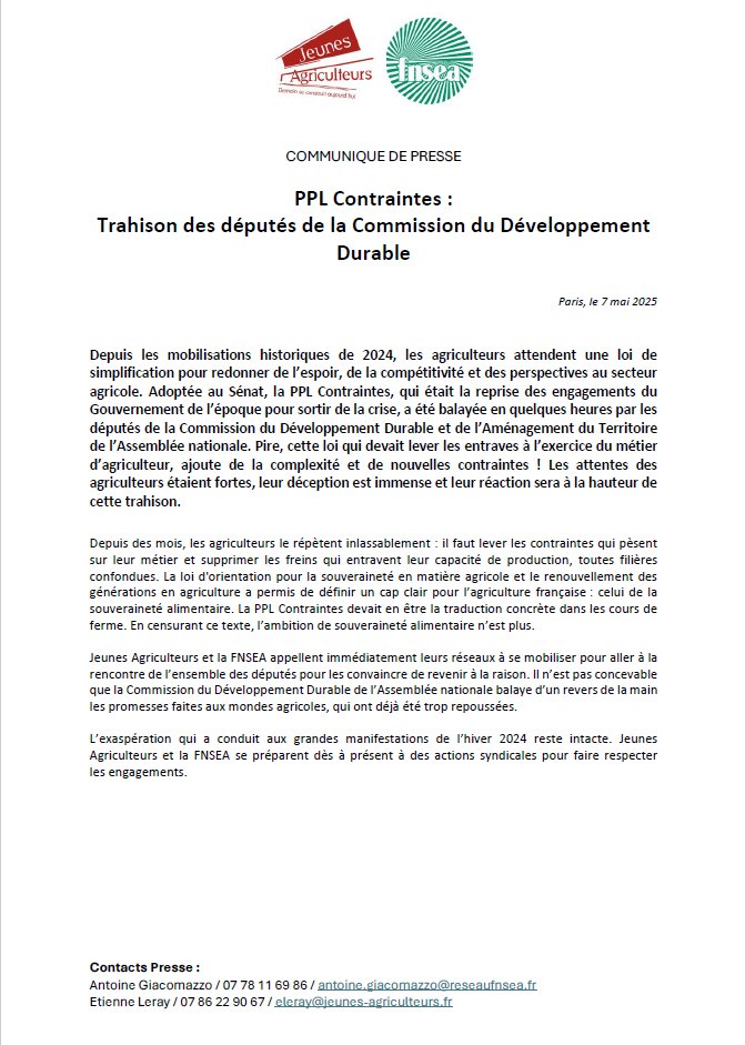 [#CP] 📢🚨 PPL Contraintes :
Trahison des députés de la Commission du Développement Durable 
Notre communiqué avec <a href="/FNSEA/">La FNSEA</a> 👇
urlr.me/PGHEKa