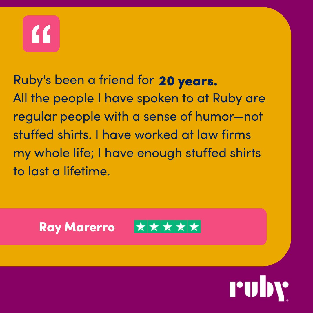 CallRuby's tweet image. “I have enough stuffed shirts to last a lifetime.”
Same. That’s why at Ruby, we keep it real. 😎
“All the people I have spoken to at Ruby are regular people with a sense of humor—not stuffed shirts.”
💬 Read more reviews on Trustpilot: trustpilot.com/review/ruby.co…
#CallRuby