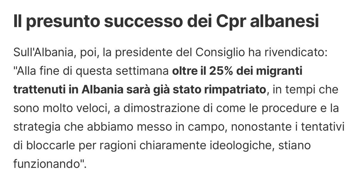 Premesso che 

il 25% dei migranti portati in Albania sono 9 persone
e
non vengono rimpatriati dall'Albania, dovendo obbligatoriamente ripassare dall'Italia,

si tratta di rimpatri che sarebbero potuti avvenire uguali uguali, nei medesimi tempi, da CPR italiani. 

Le norme solo