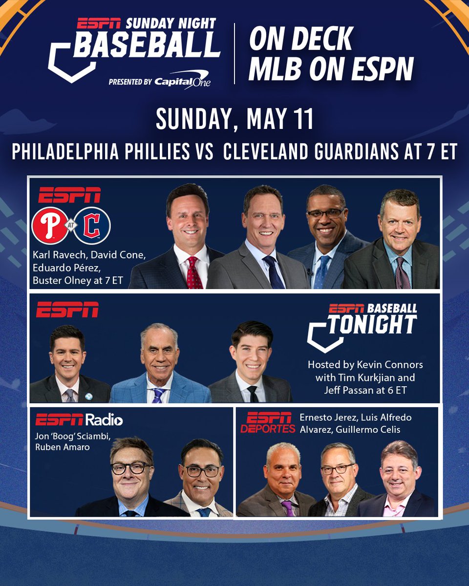 ESPN PR (@espnpr) on Twitter photo This weekend, #SundayNightBaseball features Bryce Harper & the Philadelphia Phillies visiting JosĂ© RamĂrez & the Cleveland Guardians
⚾️ 7p ET | #RingTheBell vs #GuardsBall | ESPN
🎙️<a href="/karlravechespn/">Karl Ravech</a>, <a href="/dcone36/">David Cone</a>, <a href="/PerezEd/">Eduardo Perez</a>, <a href="/Buster_ESPN/">Buster Olney</a> This weekend, #SundayNightBaseball features Bryce Harper & the Philadelphia Phillies visiting JosĂ© RamĂrez & the Cleveland Guardians
⚾️ 7p ET | #RingTheBell vs #GuardsBall | ESPN
🎙️<a href="/karlravechespn/">Karl Ravech</a>, <a href="/dcone36/">David Cone</a>, <a href="/PerezEd/">Eduardo Perez</a>, <a href="/Buster_ESPN/">Buster Olney</a>