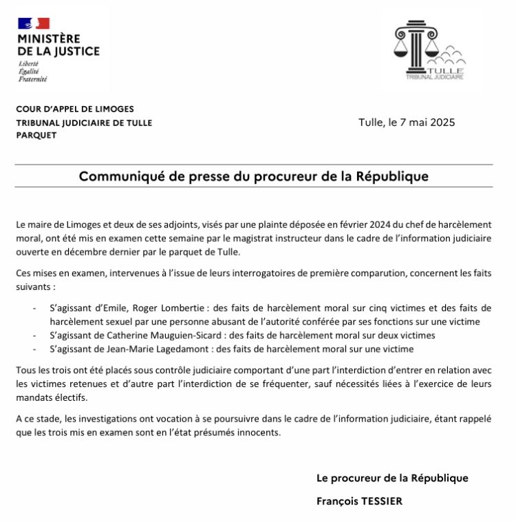 Le maire de Limoges ⁦<a href="/ERLOMBERTIE/">Emile Roger Lombertie</a>⁩ est mis en examen pour harcèlement moral sur 5 victimes et harcèlement sexuel sur une victime. Il est placé sous contrôle judiciaire.