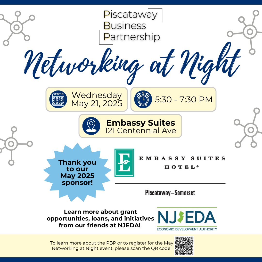 In two weeks! To register for the #Piscataway Business Partnership’s (PBP) next Networking at Night event on Wednesday, May 21st at Embassy Suites: piscatawaynj.librarycalendar.com/event/networki…