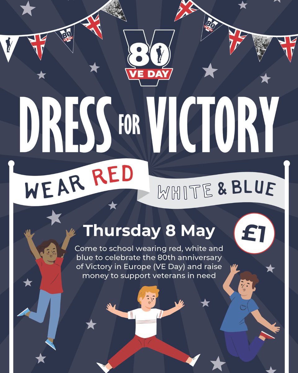 Don't forget tomorrow- as a part of the school's VE Day celebration we're holding a non-uniform day, wearing something red, white or blue. £1 donations to the Royal British Legion can be made via the ParentPay app.