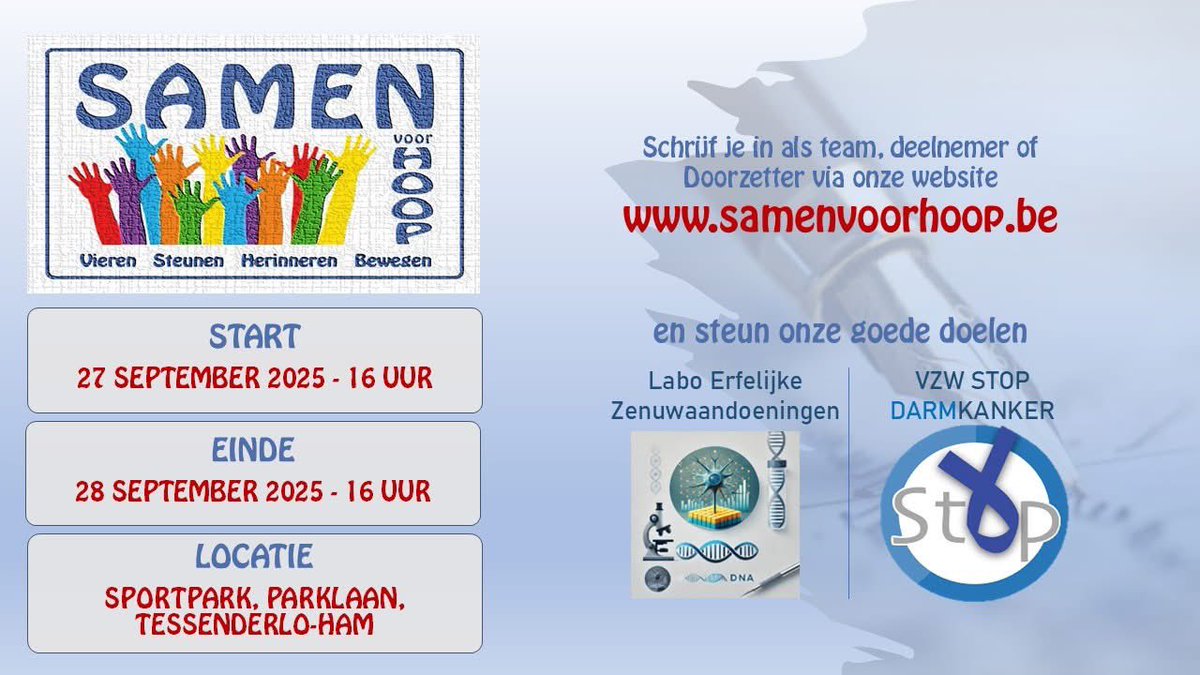 Dr. Luc Colemont (@luccolemont) on Twitter photo Klaar in Tessenderlo om onze vzw <a href="/StopDarmkanker/">Stop Darmkanker</a> voor te stellen 😉.
We zijn één van de 2 goede doelen die uitgekozen werd voor het “Samen voor Hoop” 24-uurs event 27-28 september a.s.🍀
Erg dankbaar te mogen vertellen wie we zijn, wat we doen en vooral waarom we het doen! 💙🙏 Klaar in Tessenderlo om onze vzw <a href="/StopDarmkanker/">Stop Darmkanker</a> voor te stellen 😉.
We zijn één van de 2 goede doelen die uitgekozen werd voor het “Samen voor Hoop” 24-uurs event 27-28 september a.s.🍀
Erg dankbaar te mogen vertellen wie we zijn, wat we doen en vooral waarom we het doen! 💙🙏