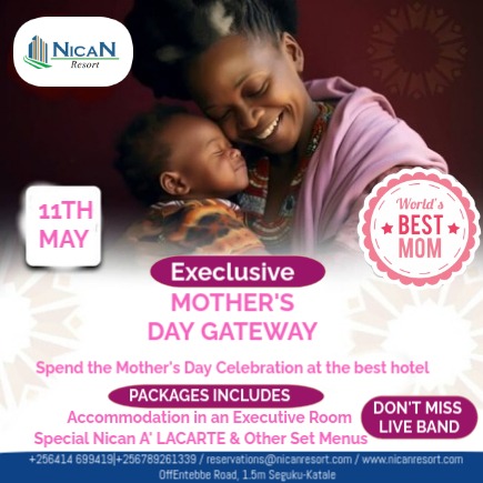 Celebrate Her Love This Mother’s Day!
Treat Mum to a relaxing day with delicious meals, serene gardens, and a touch of elegance she truly deserves.

Book now and make her feel special.
+256789261339

#MothersDay #CelebrateMum #NicanResort #UgandaHotels