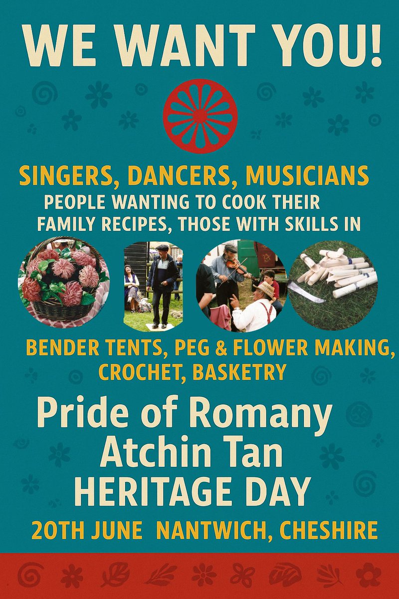 PrideofRomany's tweet photo. Our people, our pride, our heritage!
Join us for Pride of Romany Atchin Tan Heritage Day — a celebration of music, dance, crafts, family recipes & traditions passed down through generations.
20 June | Nantwich, Cheshire
#PrideOfRomany #Romanichal #AtchinTan #HistoricEngland https://t.co/H1bpDgVmrQ