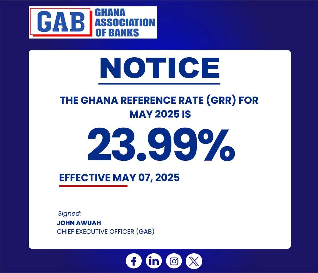 Ghana Association of Banks (@bankersghana) on Twitter photo The Ghana Reference Rate (GRR) for May 2025 is 23.99%
<a href="/AccessBankGhana/">Access Bank Ghana Plc</a> <a href="/AbsaGhana/">Absa Bank Ghana</a> <a href="/bankofafricagh/">Bank of Africa Gh.</a>
<a href="/CalBankPLC/">CalBank PLC</a> <a href="/CBGBankLtd/">Consolidated Bank Ghana LTD</a> <a href="/devbankghana/">Development Bank Ghana</a> <a href="/EcobankGhanaPLC/">Ecobank Ghana PLC</a> <a href="/FirstAtlanticGH/">First Atlantic Bank</a> <a href="/firstnatbankgh/">First National Bank GH</a>
<a href="/FBN_help/">FirstBank</a> <a href="/fidelitybankgh/">Fidelity Bank Ghana</a> <a href="/GCBBankPLC/">GCB Bank PLC</a> <a href="/gtbank/">Guaranty Trust</a> <a href="/NIBGHANA/">National Investment Bank PLC</a> <a href="/OmniBSICGh/">OmniBSIC Ghana</a> <a href="/pblghana/">Prudential Bank Ghana</a> The Ghana Reference Rate (GRR) for May 2025 is 23.99%
<a href="/AccessBankGhana/">Access Bank Ghana Plc</a> <a href="/AbsaGhana/">Absa Bank Ghana</a> <a href="/bankofafricagh/">Bank of Africa Gh.</a>
<a href="/CalBankPLC/">CalBank PLC</a> <a href="/CBGBankLtd/">Consolidated Bank Ghana LTD</a> <a href="/devbankghana/">Development Bank Ghana</a> <a href="/EcobankGhanaPLC/">Ecobank Ghana PLC</a> <a href="/FirstAtlanticGH/">First Atlantic Bank</a> <a href="/firstnatbankgh/">First National Bank GH</a>
<a href="/FBN_help/">FirstBank</a> <a href="/fidelitybankgh/">Fidelity Bank Ghana</a> <a href="/GCBBankPLC/">GCB Bank PLC</a> <a href="/gtbank/">Guaranty Trust</a> <a href="/NIBGHANA/">National Investment Bank PLC</a> <a href="/OmniBSICGh/">OmniBSIC Ghana</a> <a href="/pblghana/">Prudential Bank Ghana</a>