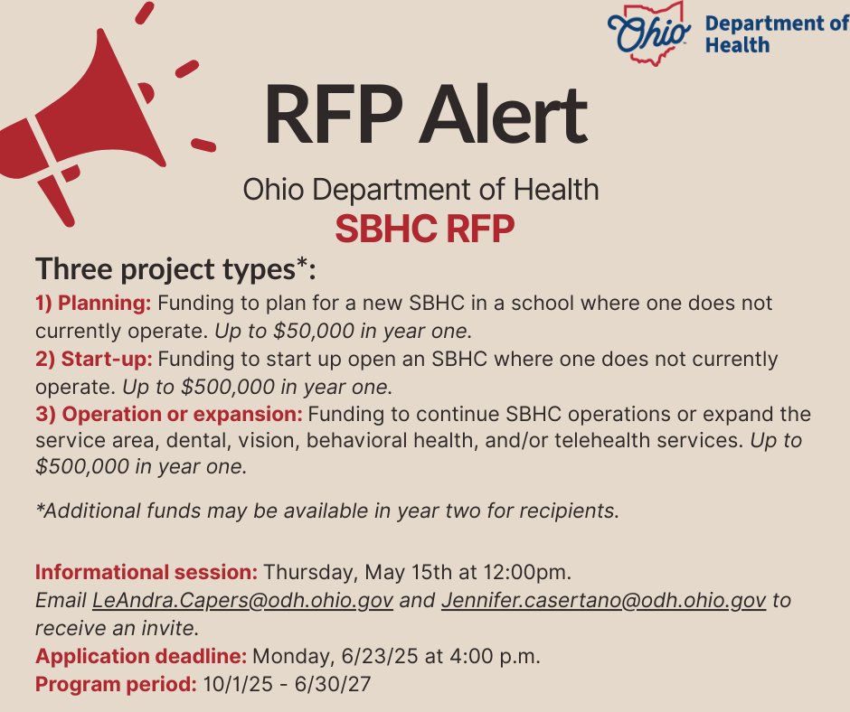 📣📣SBHC funding opportunity! The Ohio Department of Health announces the availability of grant funds for local or public non-profit healthcare agencies to support school-based health centers!

Learn more here: ow.ly/hogn50VOJ6s