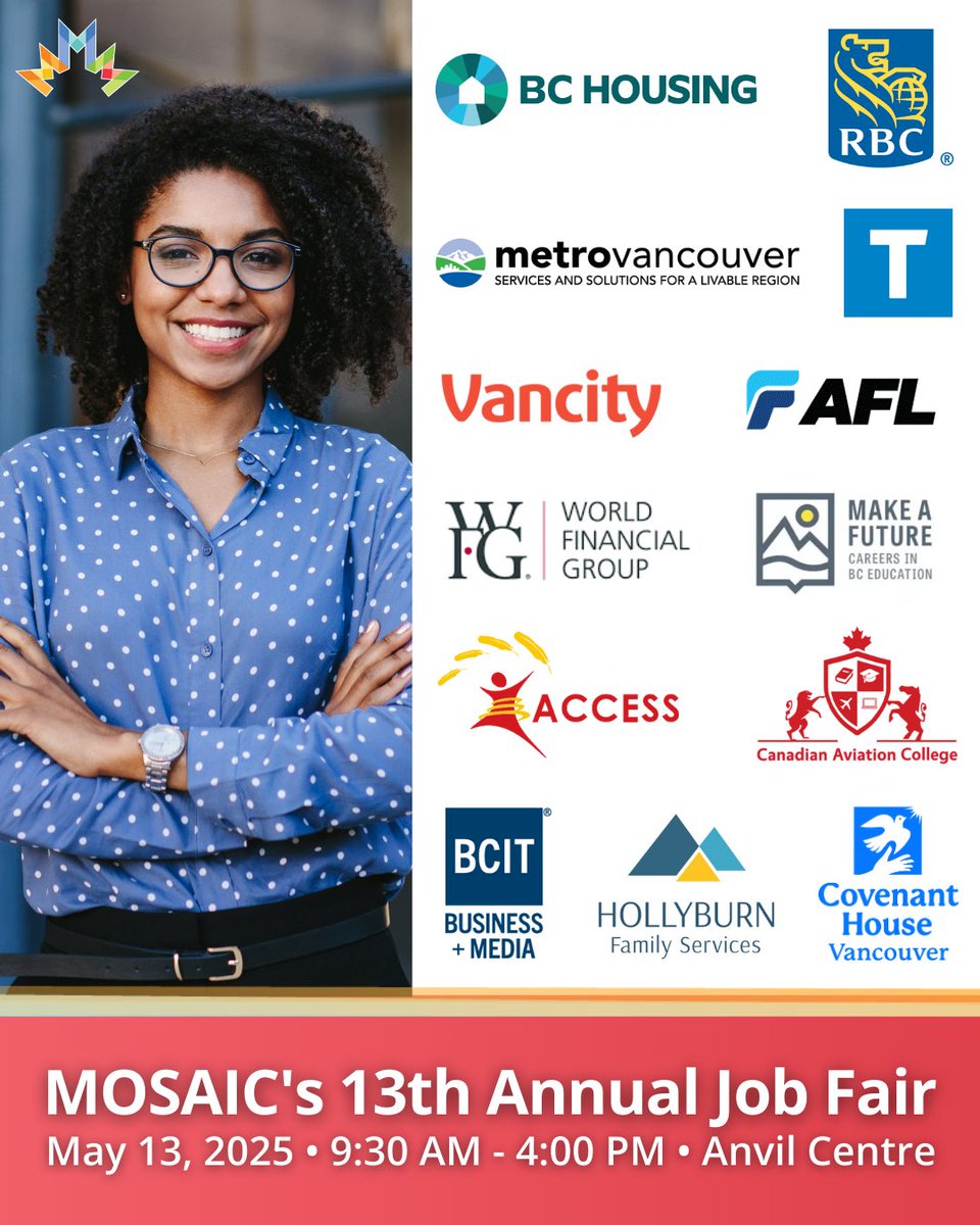 📣 MOSAIC's 13th Annual Job Fair is less than 1 week away! Meet with industry leaders and explore exciting job opportunities in finance, education, transportation, and more!

📝 Limited tickets left! Register at jobfair.mosaicbc.org

#MOSAICJobFair2025 #JobFair #Hiring